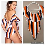 Boohoo Maternity Off The Shoulder Ruffle Stripe White Swimsuit Size 4 - NWT Photo 1
