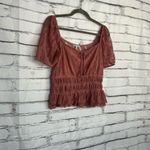 Iris  Lace Peplum Blouse Women’s L Dusty Rose Sheer Puff Sleeve Romantic Top Photo 1
