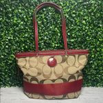 Coach Red and Tan Signature Tote Bag Photo 0