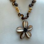 Cowrie Shell Flower Pendant Necklace Pendant Handcrafted Boho Beachy Glossy Brown Photo 1