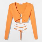 Bershka ribbed cropped long sleeve orange sweater top blouse with ring detail Photo 0
