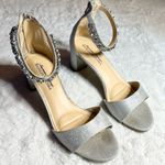 Badgley Mischka  Silver Glitter Rhinestone Embellished  Ankle Strap Block Heels Photo 1
