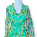 Vintage 70s Green Floral Chiffon Maxi Dress Ruffle Neckline Sheer Sleeves Flowy Photo 1