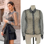 ZARA Shirt Animal Print Organza Shirt Leopard Blouse Button Down Gray Size Small Photo 1