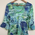 Alberto Makali VTG Blue Green Floral Bell Sleeve Blouse Beaded Fairy Whimsical Earthy Moss Art Photo 0