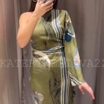ZARA  COLLECTION PRINT ASYMMETRIC ONE SHOULDER LONG SLEEVE LINEN DRESS GREEN  NEW Photo 4
