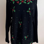 Christmas Holly Berry Beaded Holiday Sweater Size Lg Embroidered Knit Black Photo 0