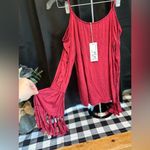 Vava by Joy Han VaVa By Joy Han Red Cold Shoulder Long Sleeve Top with Fringed Cuffs Photo 2