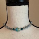 Women’s Bead Costume Necklace Beaded Silver Tone Blue Glass Choker Photo 1
