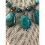 Vintage Green Striped Agate Necklace Teardrop Pendant Brass 17" + 3" extender Photo 1