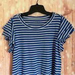 Loft  Blue Tiered Ruffle Sleeve White Striped Crew Neck T Shirt Photo 3