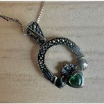 Solvar Heritage Sterling Silver Marcasite & Green Crystal Claddagh Necklace Photo 3