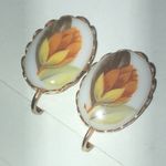 Vintage Gold Tone Floral Bud Flower Ceramic Clip On Earrings Photo 5