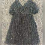 Starry Night Flutter Puffy Sleeve V Neck Midi Dress in Black, Size 20W​​​​ Black Photo 1