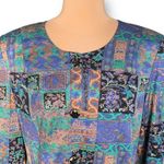 Vintage Pastel Patchwork Floral Blouse XL Cobalt Blue Rayon Top New Eclectic Purple Photo 2