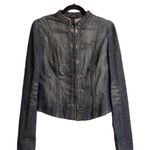 Elie Tahari Washed Blue Embellished Hook Closure Stand Collar Military Jacket L Photo 0