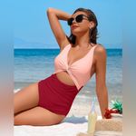 Charmo One Piece Swimsuit Ruched Tummy Control High Cut Pink Red Colorblock S Photo 4