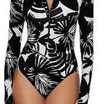 Trina Turk  Lennox Rash Guard Swimsuit Black White Leaf Long Sleeve Zip One Piece Photo 0