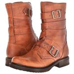 Frye Veronica Tanker Cognac Brown Leather Buckle Detail Combat Boots Photo 0
