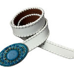 Chicos Leather Belt Small Womens White Embellished Buckle Beaded Faux Turquoise Photo 0