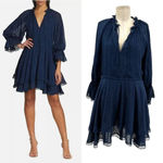 Alice + Olivia Joanne Mini Dress Lace Trim Ruffle Tiered 3/4 Sleeve Blue Size 2 Photo 1