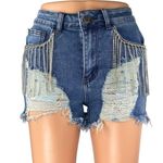Women's Blue Rhinestone Distressed Fringe High Rise Cut Photo 0