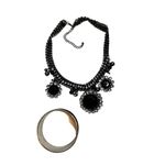 Black & silver chunky rhinestone floral statement necklace and sequin black bang Photo 8