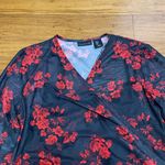 Tahari Floral Bodysuit Womens Small Black Red Mesh Long Sleeve V Neck Surplice Photo 1