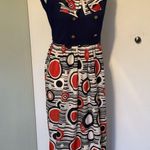 Vtg Mod Geometric Print Maxi Dress Red White & Blue 60s 70s Retro Hostess Op Art Photo 1