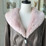 NWT Midnight Velvet Metallic Taupe Faux Leather Moto Jacket Pink Faux Fur Collar Brown Size 1X Photo 2