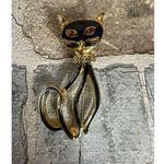 Vintage Enamel Gold Tone Cat Pin Red Rhinestone Eyes Siamese Cat Pendant MCM Photo 0