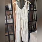 ASOS denim jumpsuit oatmeal wide leg straight beige lineny sleeveless pockets Photo 8