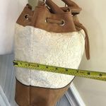 Ivory Embroidered Crochet Bucket Bag Brown Faux Leather Trim Crossbody Strap Photo 13