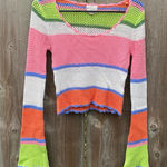 Hippie Rose Y2K Rainbow Crochet Striped Flare Bell Crop Sleeves Lettuce Hem Sweater Small Photo 0