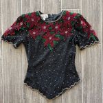 Laurence Kazar Brand Beautiful Black/Red Embellished Christmas Holiday Top Sz SM Photo 0