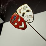 Comedy Tragedy Drama Mask Lapel Stick Pin Gold Tone Enamel White Red Photo 5