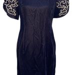 Vintage 80s Michael Marcella Black Velvet Dress Puff Sleeves Gold Knee Length 10 Photo 0