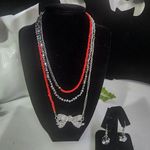 Pretty 3 Strand with Crystal Bow Necklace Earrings Set Red Photo 0