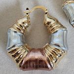 Tricolor Gold Filled Chunky Hoop Earrings Greek Key Design Photo 4