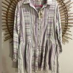easel  Long Sleeve Linen Blend Purple White Button Up Tunic Dress Boho Beach Photo 2