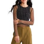 Endless Blu Bloomingdales Lucinda Mesh Embellished Pearl Crop Top Holiday party Black Photo 1