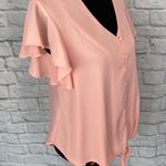 Women tie front button up top w/ruffle shortsleeves & v Photo 3