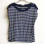 Pleione Tee Striped Navy Blue & White Zipper at Shoulders Top Scoop Neck XL EUC Photo 0