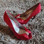 Lulu Townsend  Red Satin Peep-Toe Pumps 8 Photo 9