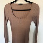 ZARA  Long Sleeve Ribbed Bodycon Henley Dress Taupe Brown Size M Medium Photo 3