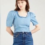 Levi's Levi’s | Light Indigo Louise Short Puff Sleeve Hey Friend Crop Top Blouse Size L Photo 9