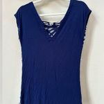 Desigual  navy blue and cream short sleeve top, lace detail on lower portion. SzS Photo 1