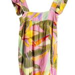 Kourt Pink Green Tropical Print Square Neck Ruffled Linen Mini Dress Size XS Photo 0