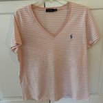 Ralph Lauren Polo  Striped V Neck T Shirt Womens XL Peach White Logo Tee Photo 0