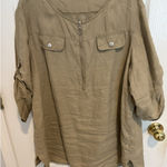 Ellen Tracy Company  3/4 Sleeve‎ Zip V-Neck 100% Linen Shirt Women's Size XL Photo 0